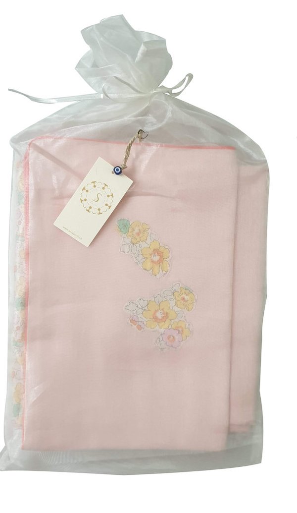 NEW - Parure de lit bébé en satin de coton rose - Liberty Betsy W jaune - 110 x 120